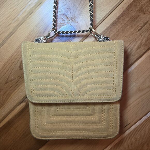 Zara Women Suede Yellow Shoulder Bag Wolf Detail Small - Picture 1 of 12